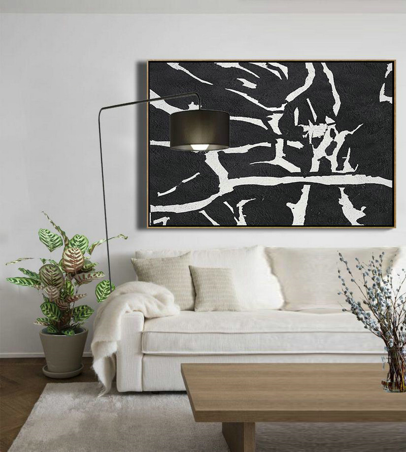 Acrylic Painting On Canvas,Oversized Horizontal Minimal Art On Canvas, Black And White Minimalist Painting - Big Canvas Painting